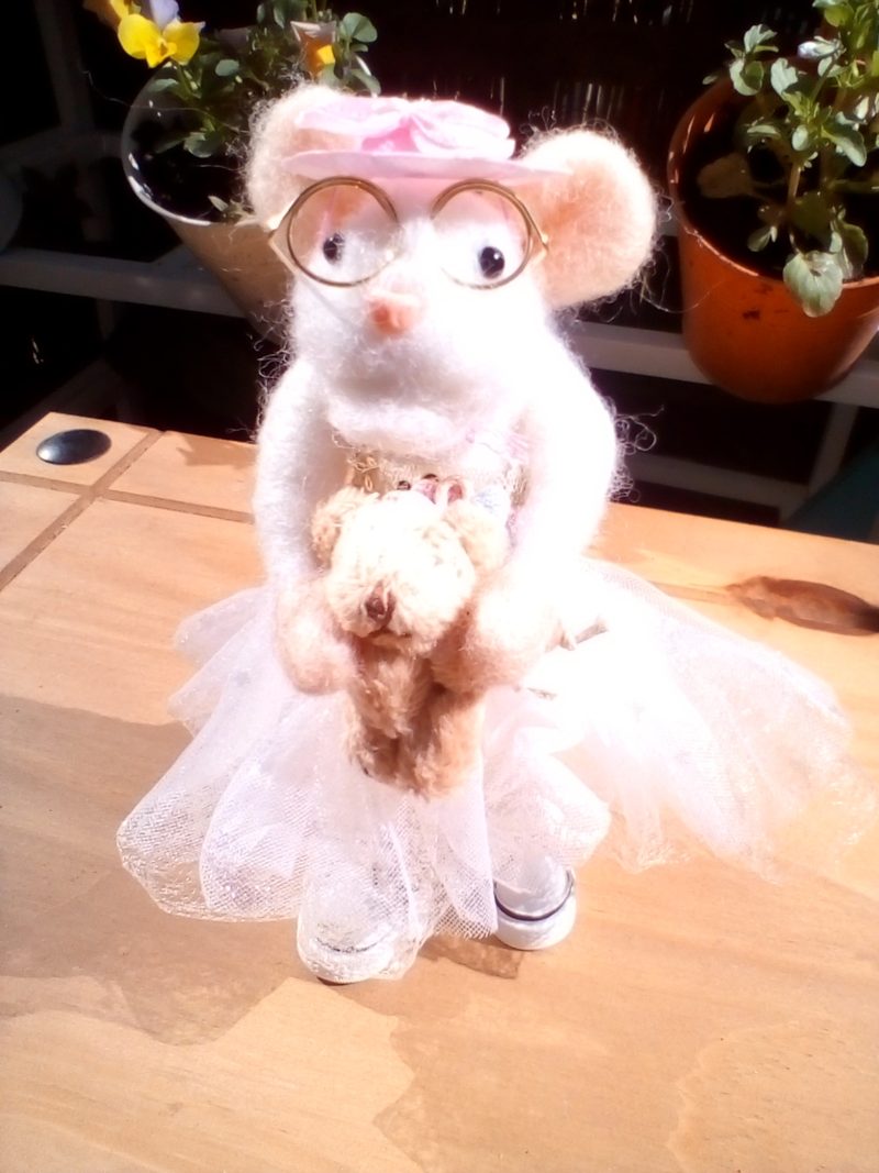 needle felted olivia mouse with her little teddy bear