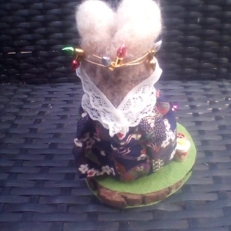 needle felted spool mouse getting ready for christmas