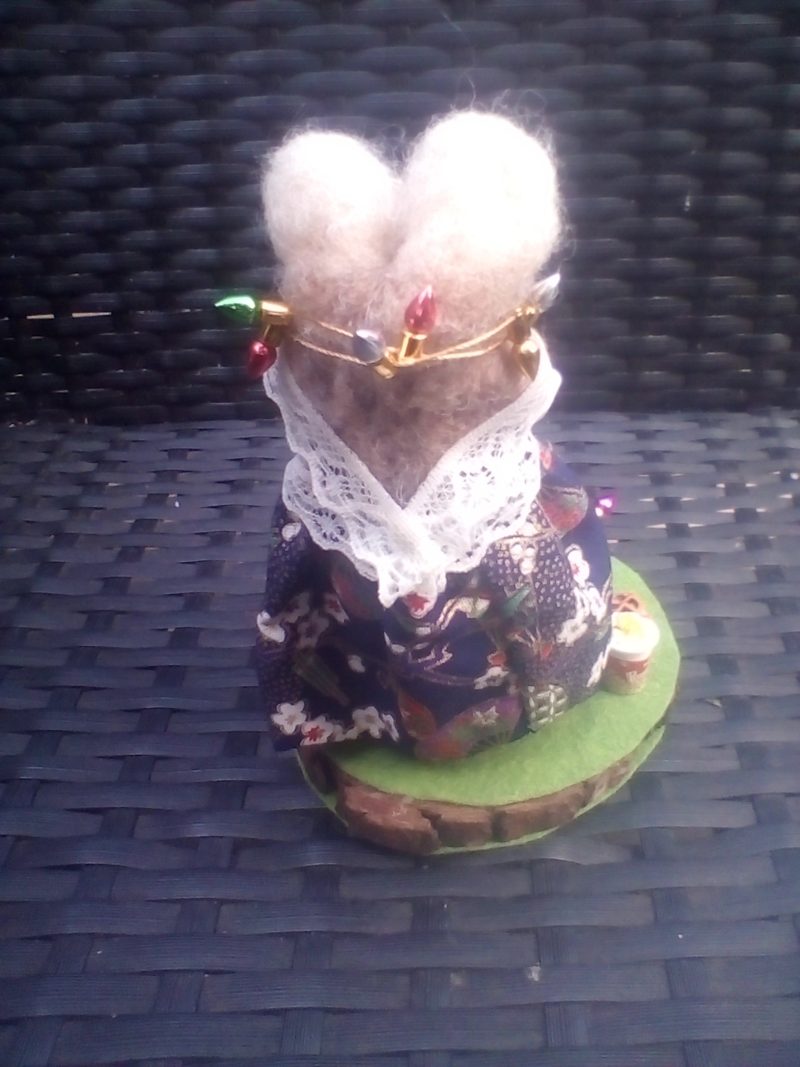 needle felted spool mouse getting ready for christmas