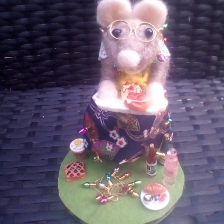 needle felted spool mouse getting ready for christmas