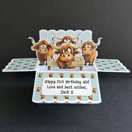 Personalised Highland Cow Birthday Box Card popup