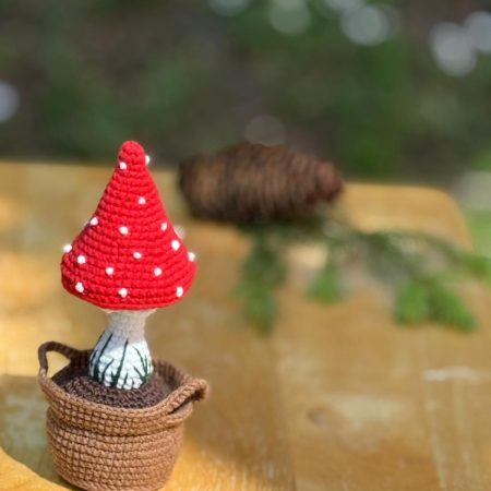 Handmade Crochet Fly Agaric Mushroom in Pot – Red Toadstool Decor Cute Mushroom Gift