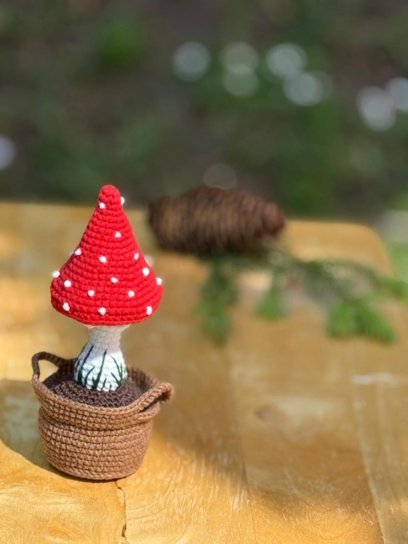Handmade Crochet Fly Agaric Mushroom in Pot – Red Toadstool Decor Cute Mushroom Gift