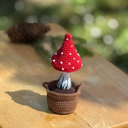 Handmade Crochet Fly Agaric Mushroom in Pot – Red Toadstool Decor Cute Mushroom Gift