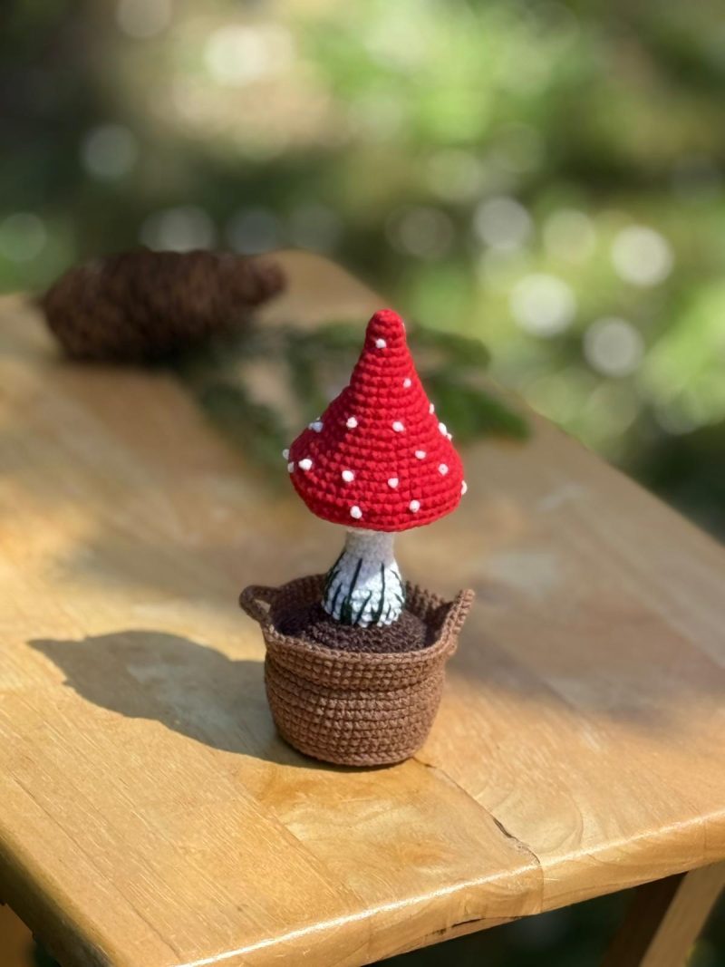 Handmade Crochet Fly Agaric Mushroom in Pot – Red Toadstool Decor Cute Mushroom Gift