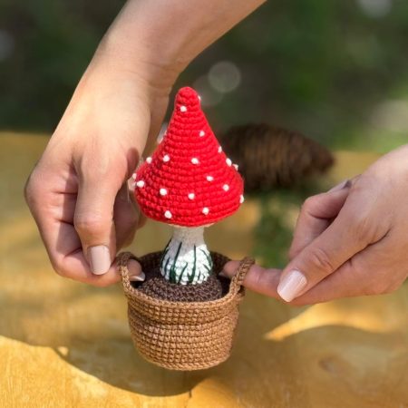 Handmade Crochet Fly Agaric Mushroom in Pot – Red Toadstool Decor Cute Mushroom Gift