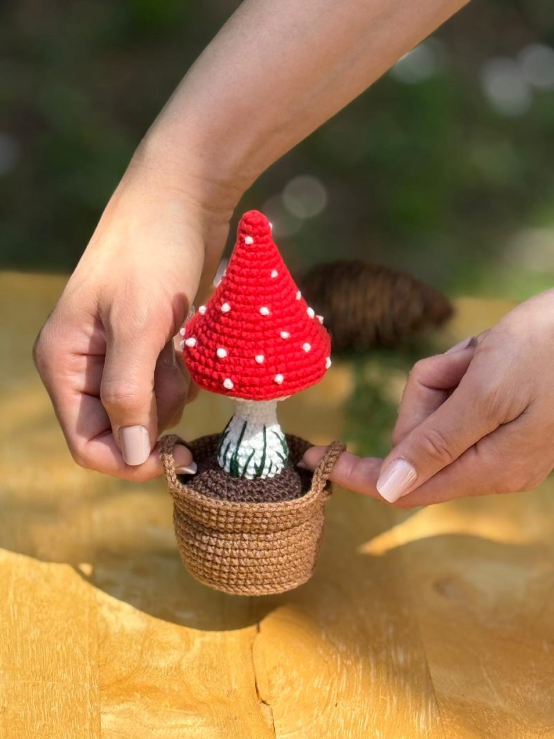 Handmade Crochet Fly Agaric Mushroom in Pot – Red Toadstool Decor Cute Mushroom Gift
