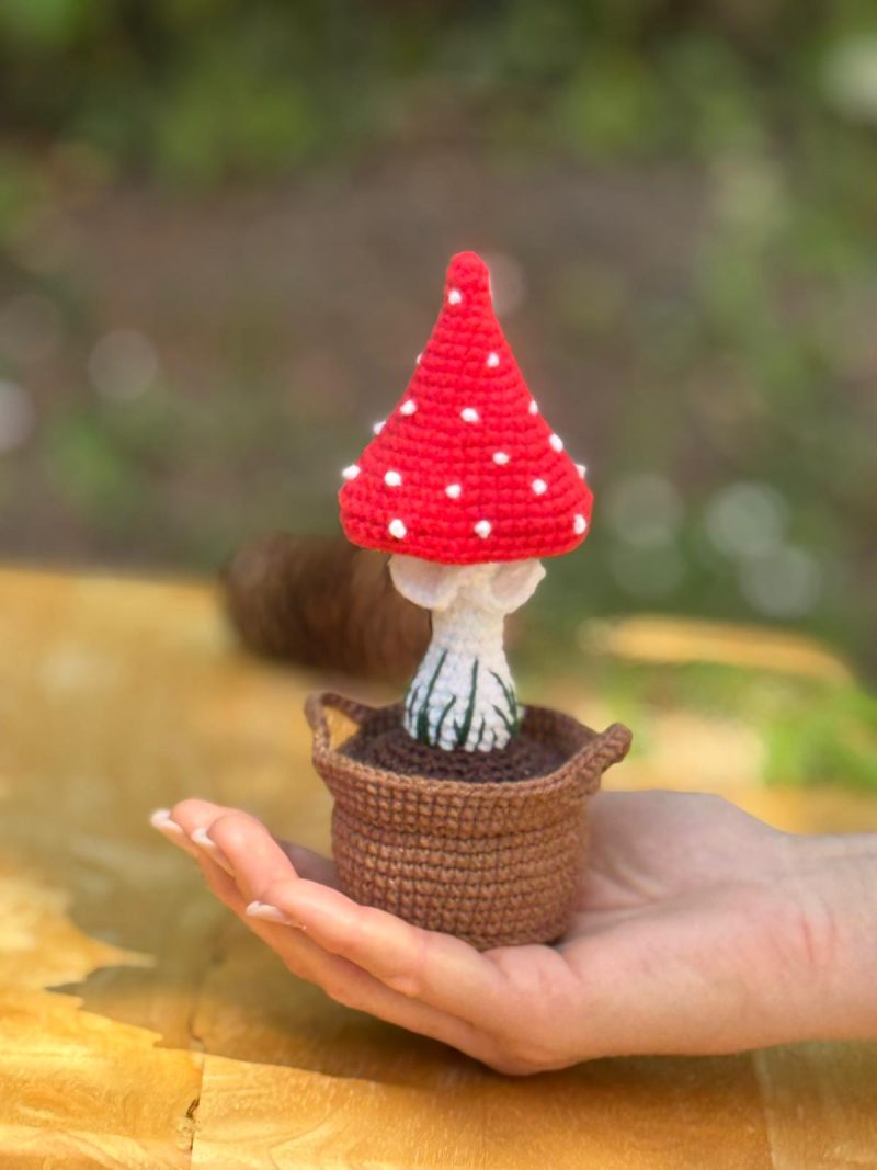 Handmade Crochet Fly Agaric Mushroom in Pot – Red Toadstool Decor Cute Mushroom Gift