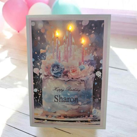 A5 Birthday Cake Light Up card that illuminates the candles upon a press of a Button - Illuminated