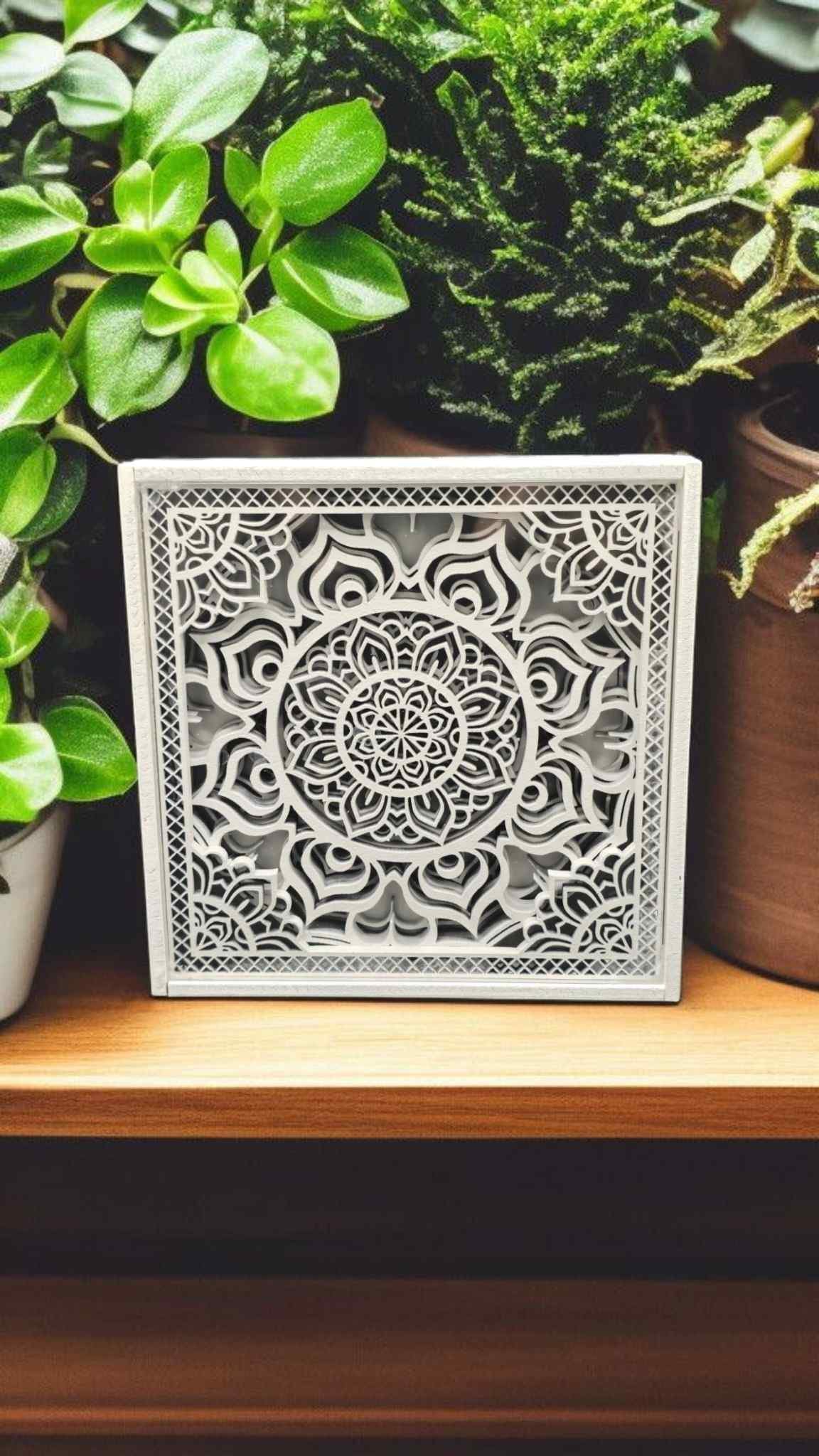 White Wooden Mandala, multiple layers in a acrylic lidded box