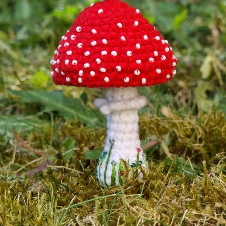 Whimsical Crochet Toadstool - Handmade Crochet Red Mushroom Decor with Beads & Embroidery