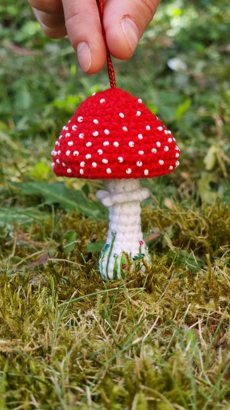 Whimsical Crochet Toadstool - Handmade Crochet Red Mushroom Decor with Beads & Embroidery