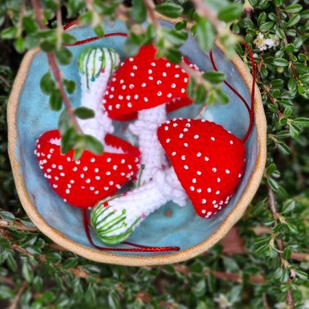 Whimsical Crochet Toadstool - Handmade Crochet Red Mushroom Decor with Beads & Embroidery
