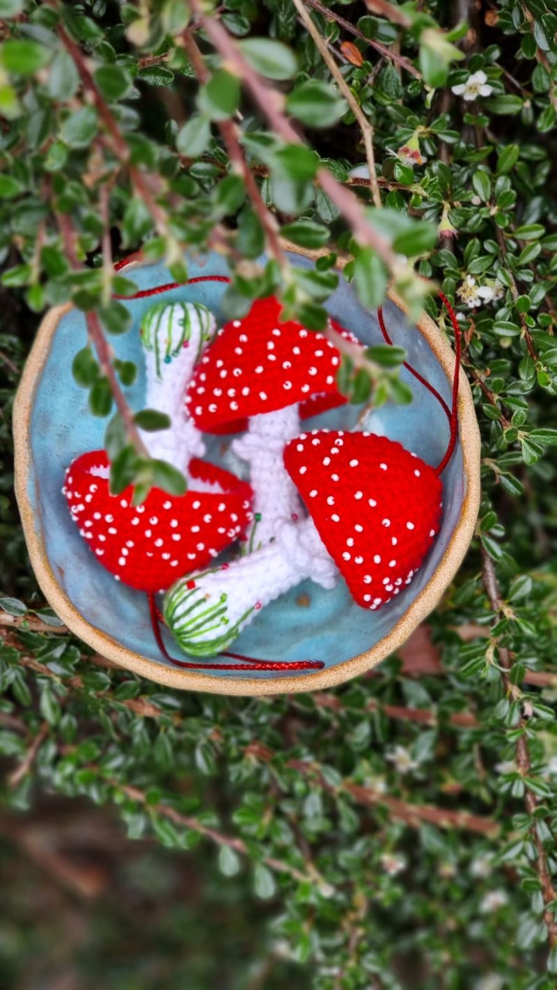 Whimsical Crochet Toadstool - Handmade Crochet Red Mushroom Decor with Beads & Embroidery