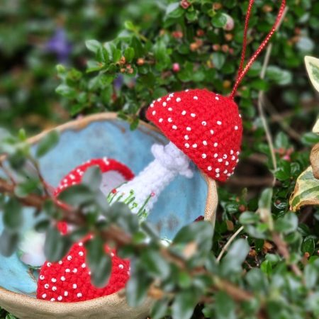 Whimsical Crochet Toadstool - Handmade Crochet Red Mushroom Decor with Beads & Embroidery