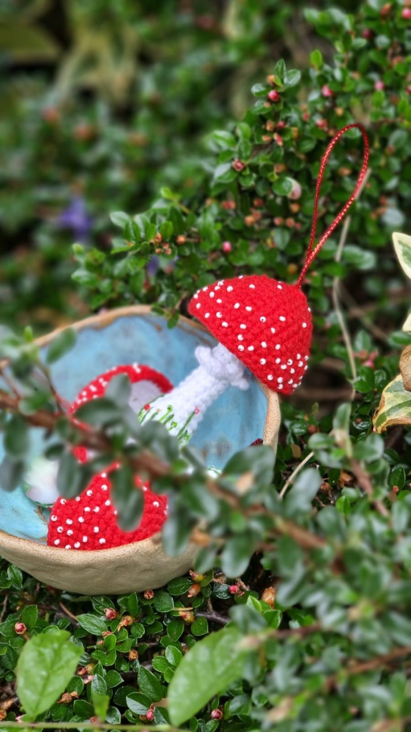 Whimsical Crochet Toadstool - Handmade Crochet Red Mushroom Decor with Beads & Embroidery
