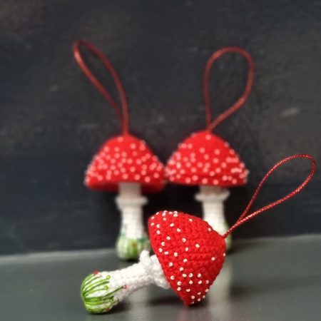 Whimsical Crochet Toadstool - Handmade Crochet Red Mushroom Decor with Beads & Embroidery