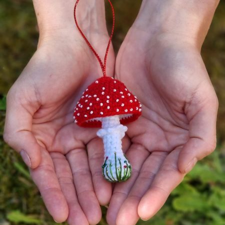Whimsical Red Crochet Mushroom Ornament – Hanging Decor - Beads and Embroidery