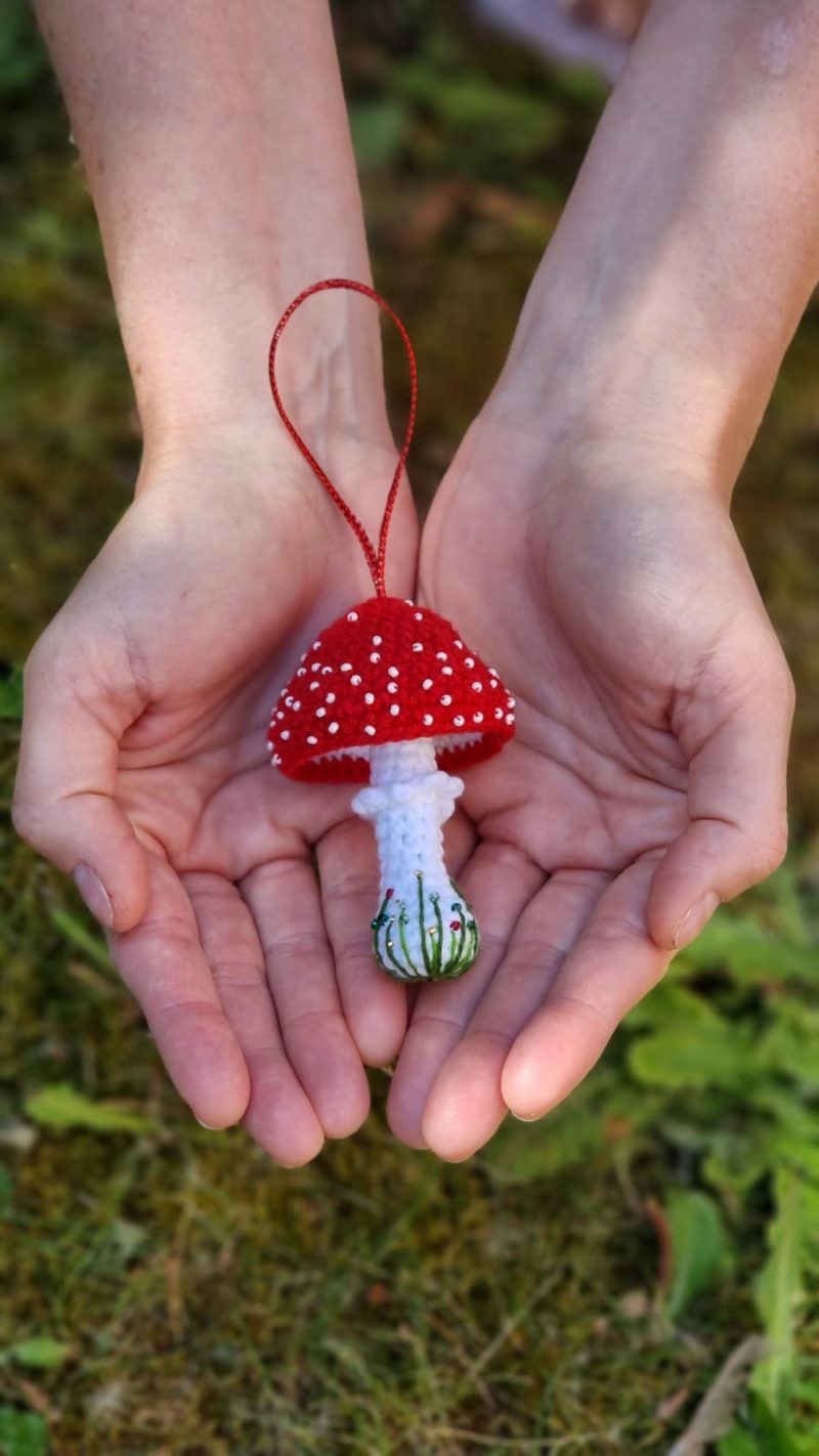 Whimsical Crochet Toadstool - Handmade Crochet Red Mushroom Decor with Beads & Embroidery