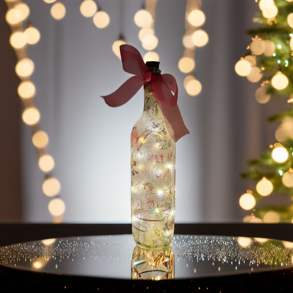 standard wine bottle with fairy and foliage detail. Cork LED lights and cerise ribbon embellishment