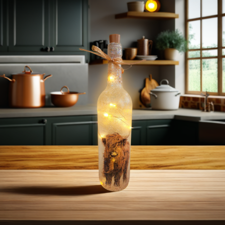 standard wine bottle with highland cow detail. Cork led lights and gold ribbon embellishment