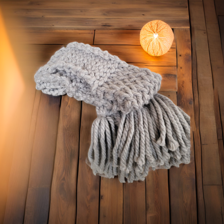 light grey chunky knit scarf with long tassels