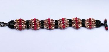 Rose red faux tiger eye and firepolish crystal bead strand bracelet