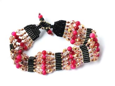 Rose red faux tiger eye and firepolish crystal bead strand bracelet