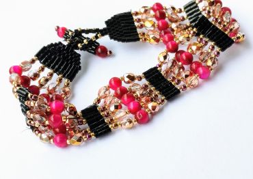 Rose red faux tiger eye and firepolish crystal bead strand bracelet