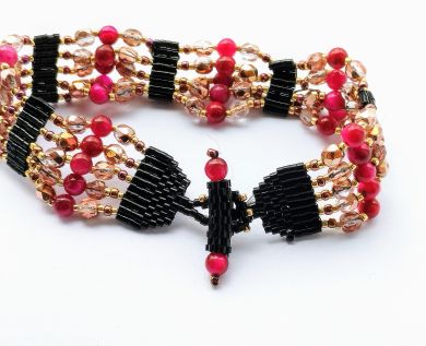 Rose red faux tiger eye and firepolish crystal bead strand bracelet