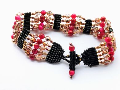 Rose red faux tiger eye and firepolish crystal bead strand bracelet