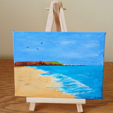 Filey Brigg hand painted canvas with easel for display