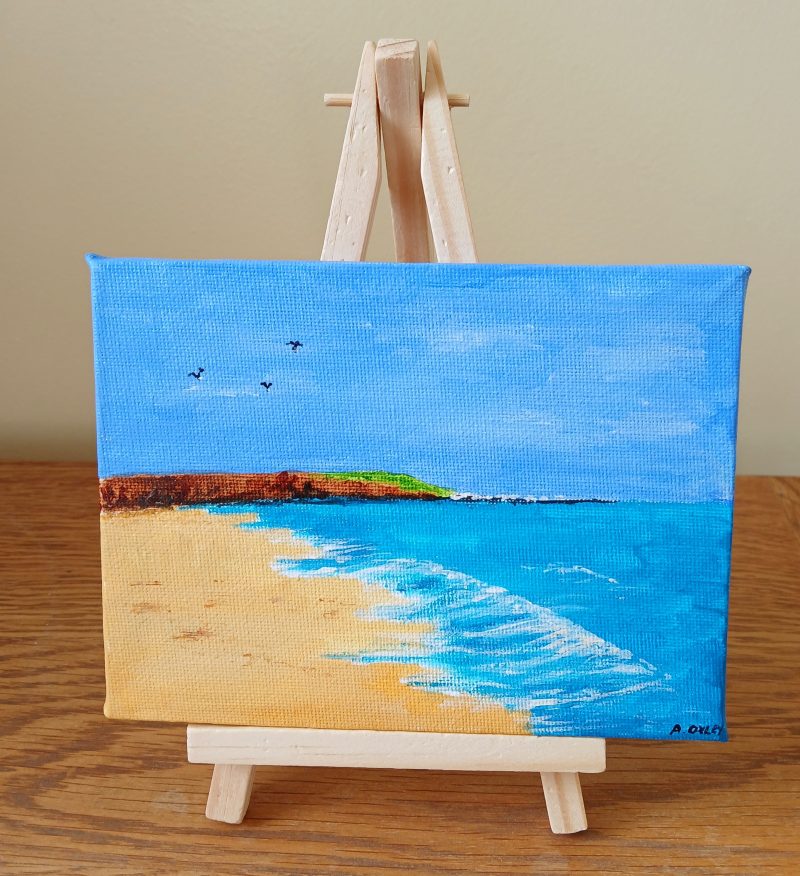 Filey Brigg hand painted canvas with easel for display