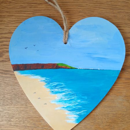 Filey Brigg, handpainted hanging wooden heart