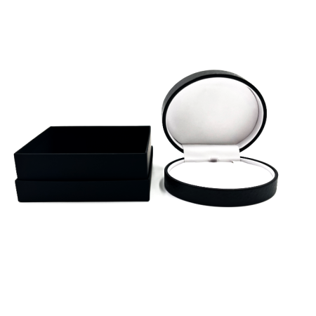 Pendant Necklace Box Oval Shaped Hinged Black Embossed Leatherette