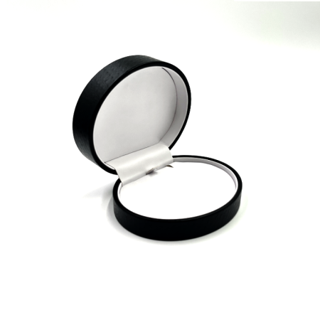 Pendant Necklace Box Oval Shaped, Hinged, Black Embossed Leatherette