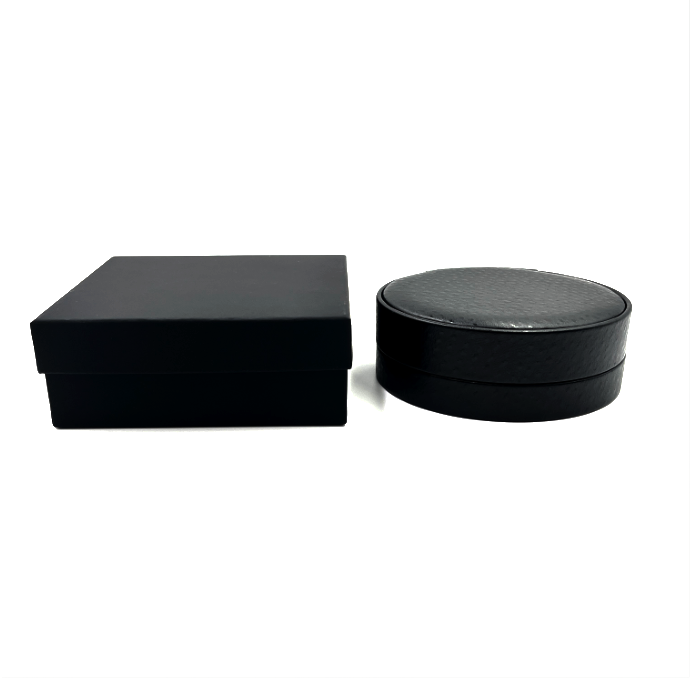 Pendant Necklace Box Oval Shaped, Hinged, Black Embossed Leatherette
