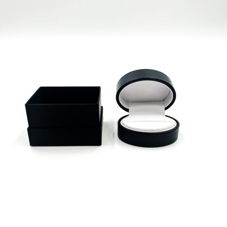 Ring Box Black. Oval Shaped Hinged. Embossed Leatherette