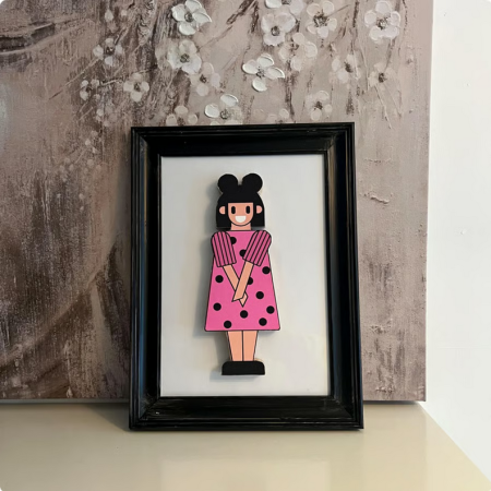 Pink Polka Dot Dress Girl Framed 3D Art - Handmade Custom Wall Decor
