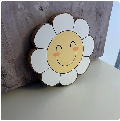 Cute Chunky Wooden Daisy – Handcrafted Smiley Flower Shelf Art - Image 3