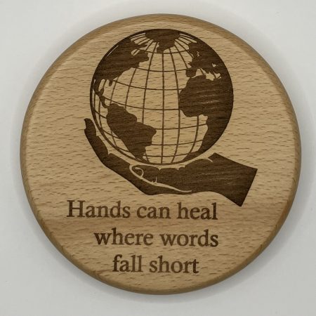 Healing Hand Holding The World Engraved on Beech - with Inspirational Words, Wall Hanging, Display