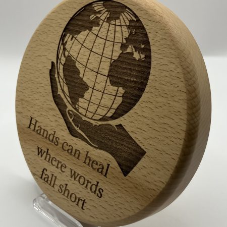 Healing Hand Holding The World Engraved on Beech - with Inspirational Words, Wall Hanging, Display