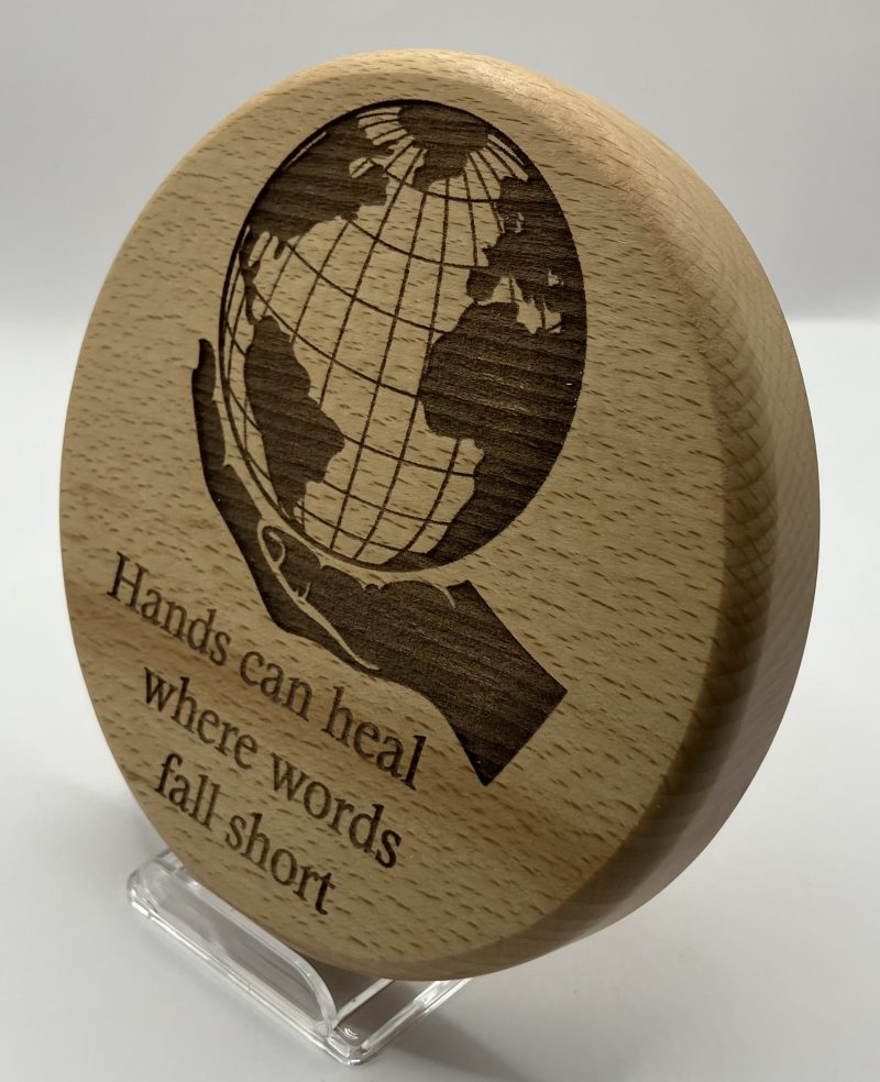 Healing Hand Holding The World Engraved on Beech - with Inspirational Words, Wall Hanging, Display