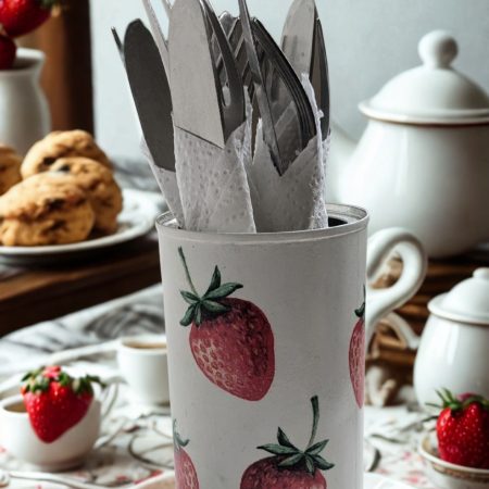 Strawberry storage tin / cutlery dispenser. Upcycled, hand decorated