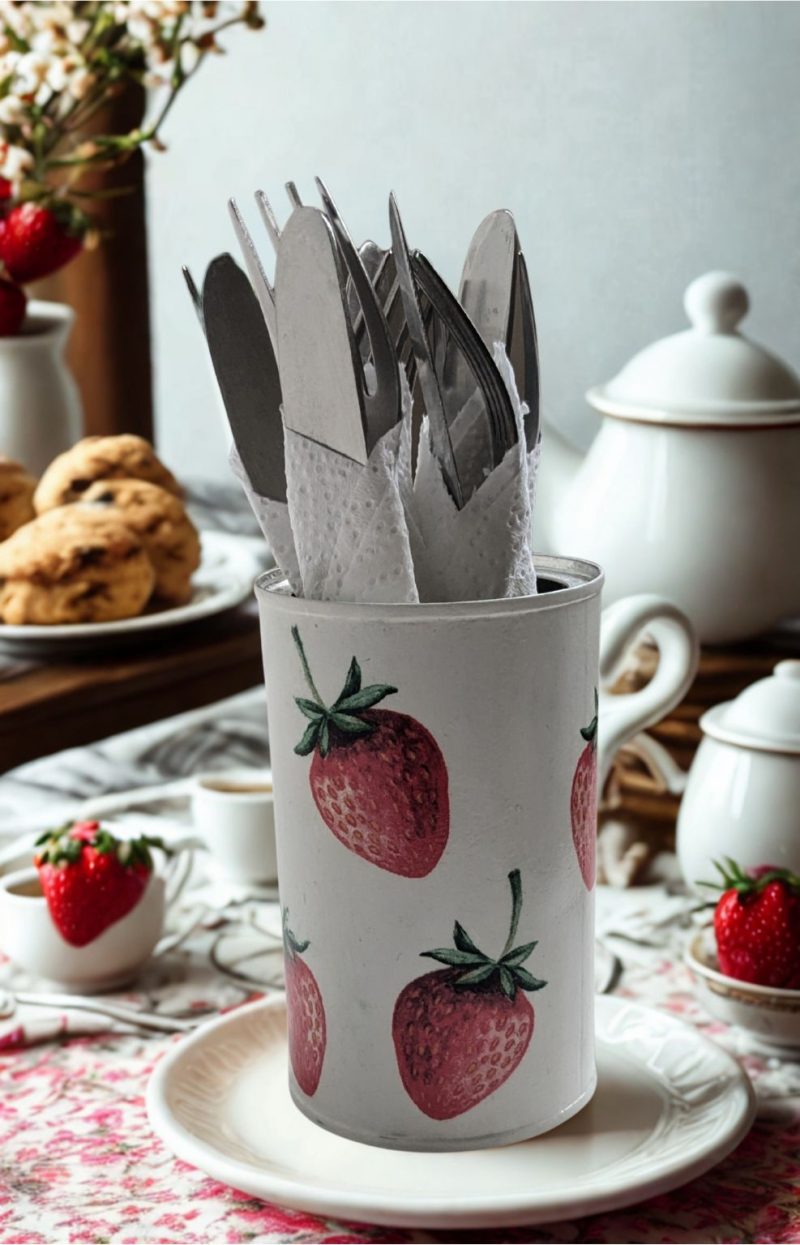 Strawberry storage tin / cutlery dispenser. Upcycled, hand decorated
