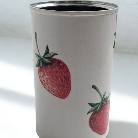 Strawberry storage tin / cutlery dispenser. Upcycled, hand decorated