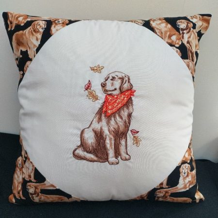 Hand made embroidered cushion with a Golden Retriever design.
