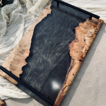 Oak and smokey epoxy serving tray with black handles