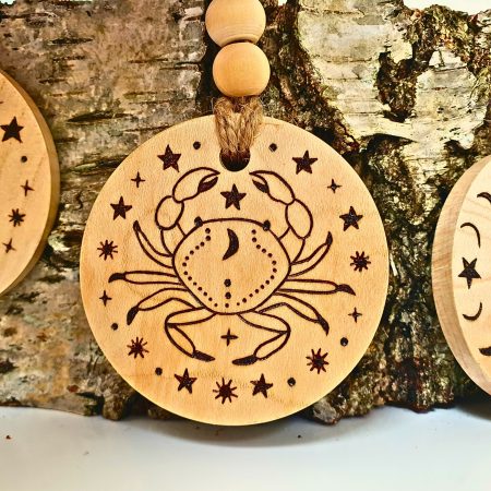 Cancer Zodiac Star Wooden Keyring With Metal Clasp And Beads, Double Sided, Pyrography Keyring