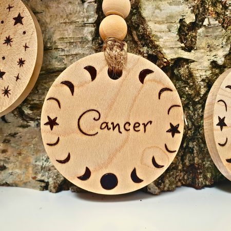 Cancer Zodiac Star Wooden Keyring With Metal Clasp And Beads, Double Sided, Pyrography Keyring